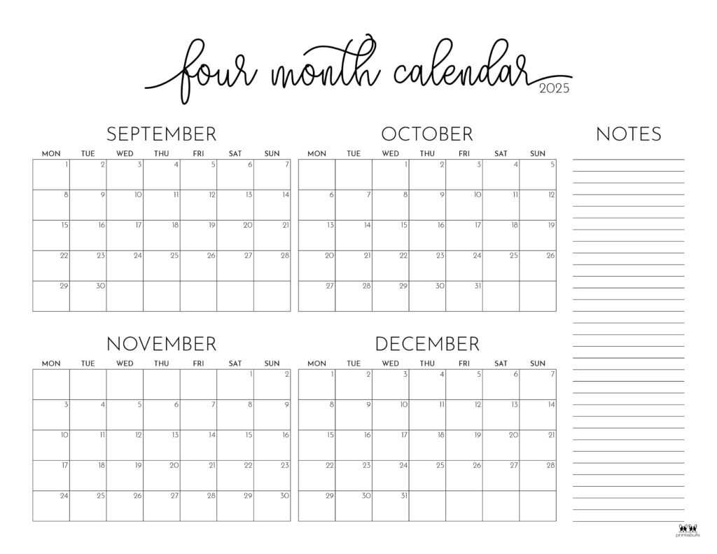 2025 Four Month Calendars - 31 Free Printables | Printabulls in October November December 2025 Calendar Printable Free