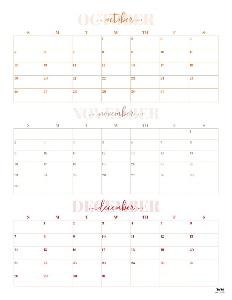 2025 Three Month/Quarterly Calendars - 36 Free Cals | Printabulls for Printable 3 Month Calendar October November December 2025
