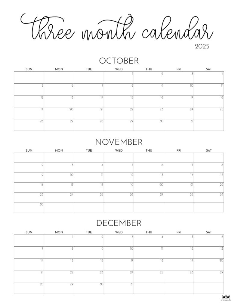 2025 Three Month/Quarterly Calendars - 36 Free Cals | Printabulls regarding Printable 3 Month Calendar October November December 2025