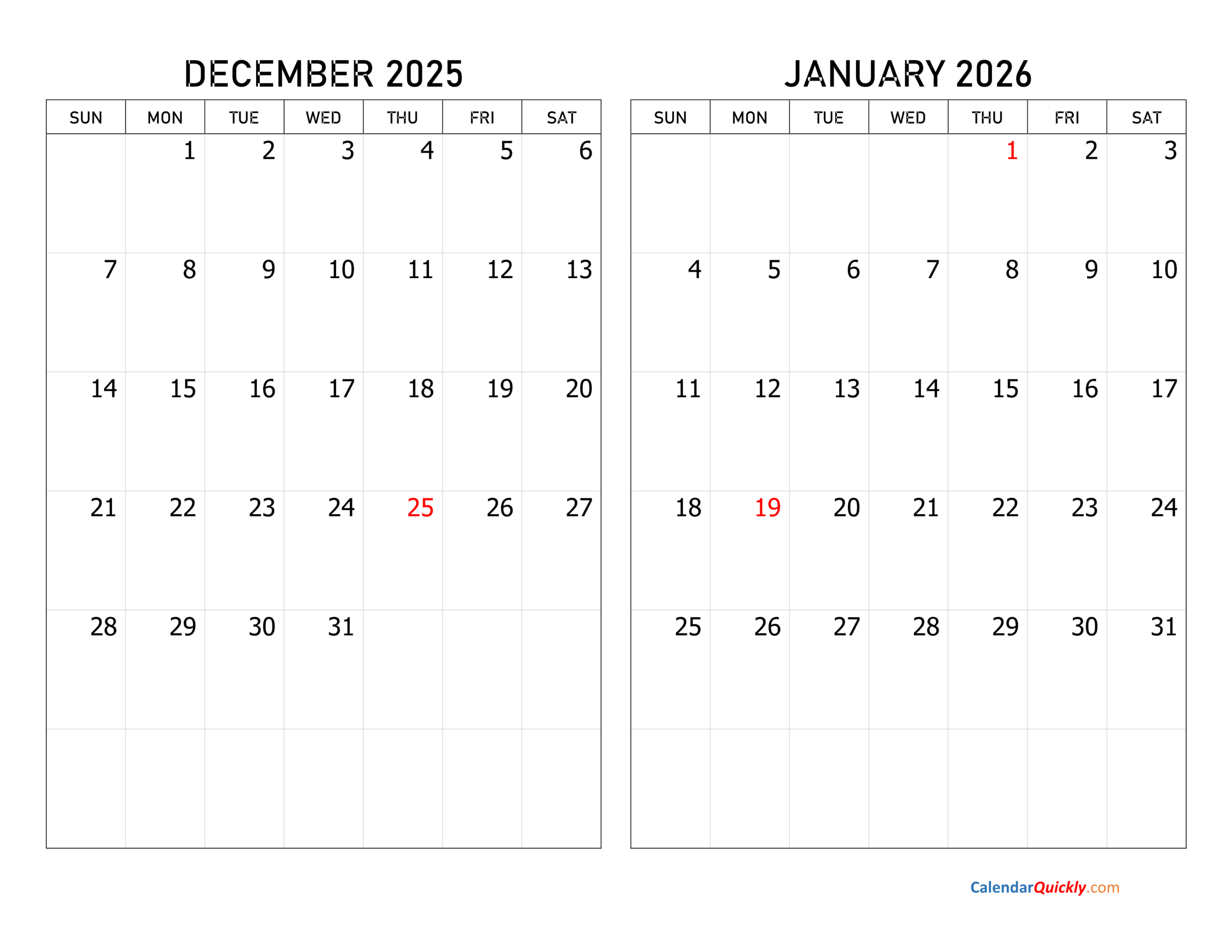 December 2025 And January 2026 Calendar | Calendar Quickly inside December 2025 and January 2026 Calendar Printable