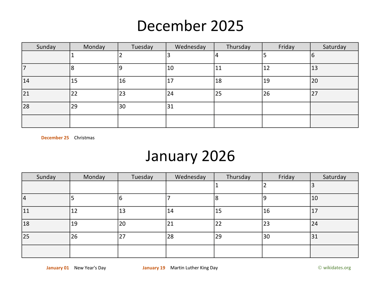 December 2025 And January 2026 Calendar | Wikidates inside December 2025 and January 2026 Calendar Printable