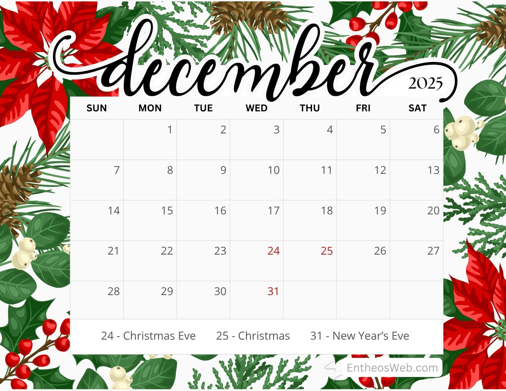 December 2025 Calendar Free Pdf Printables | Entheosweb regarding 2025 Printable December Calendar