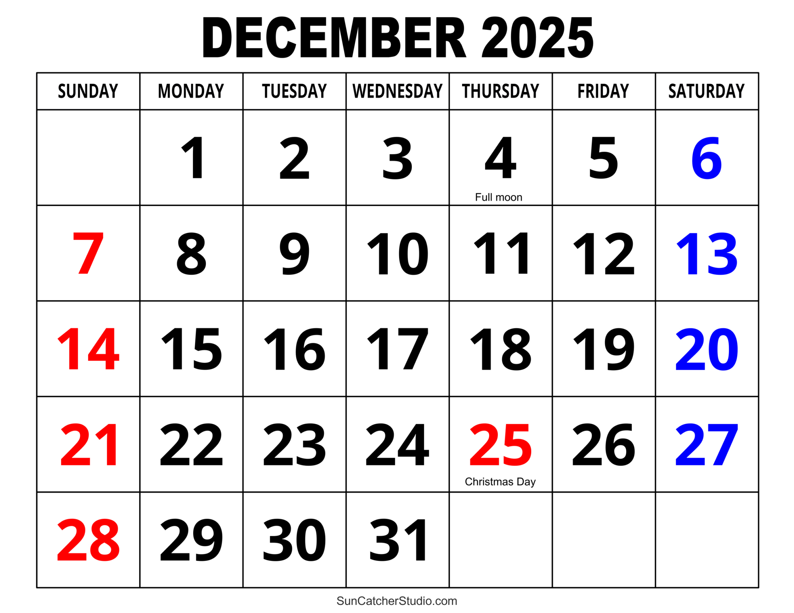 December 2025 Calendar (Free Printable) – Free Printables with regard to December 2025 Calendar Numbers Printable