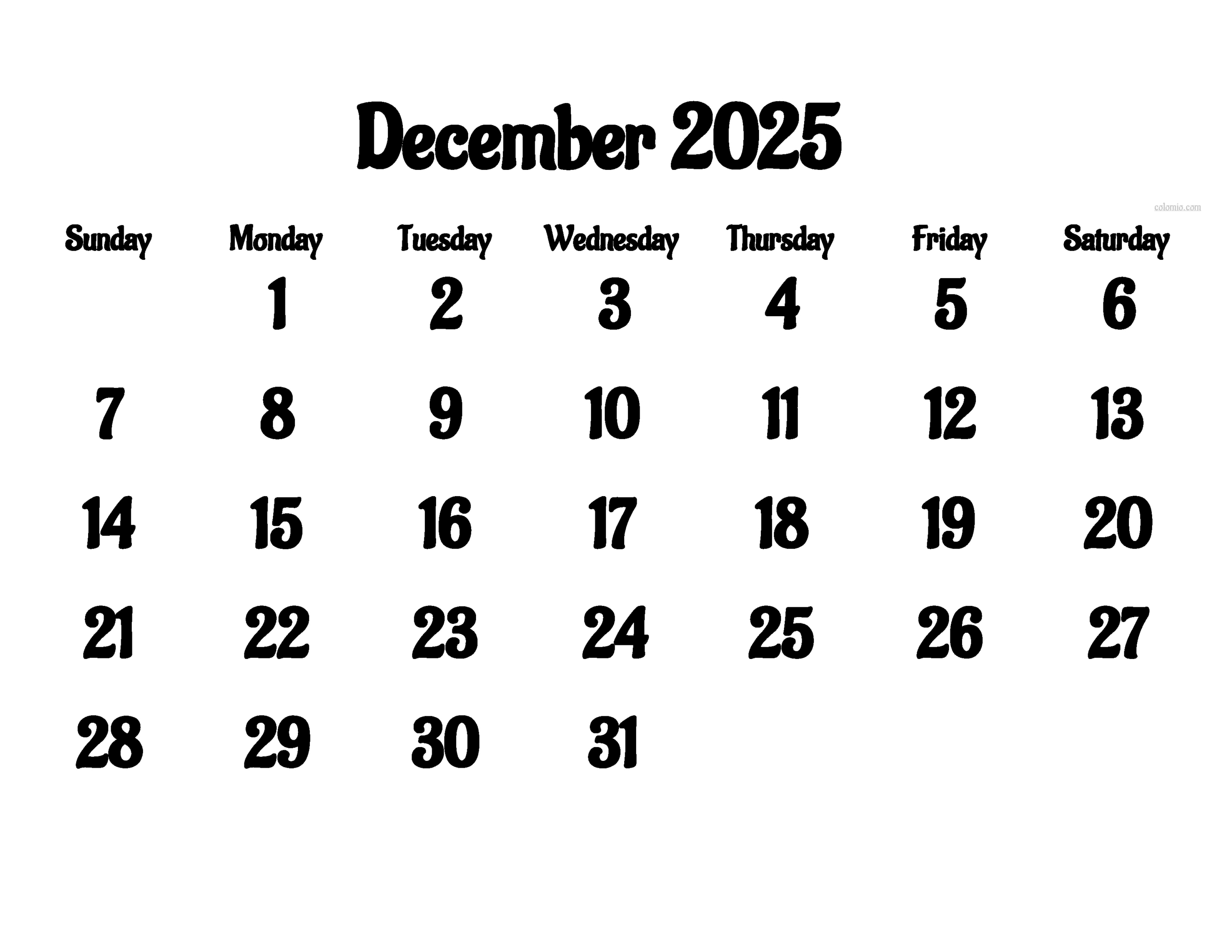 December 2025 Calendar - Free Printable Pdf, Xls And Png | Www for December 2025 Calendar Numbers Printable