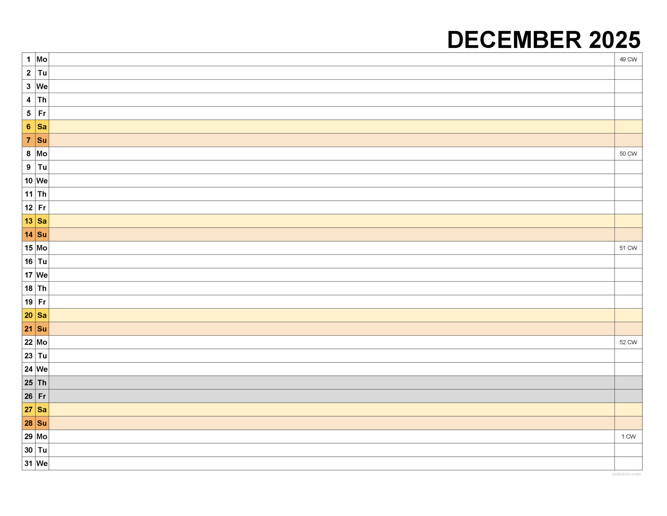 December 2025 Calendar - Free Printable Pdf, Xls And Png | Www inside December 2025 Calendar With Lines Printable