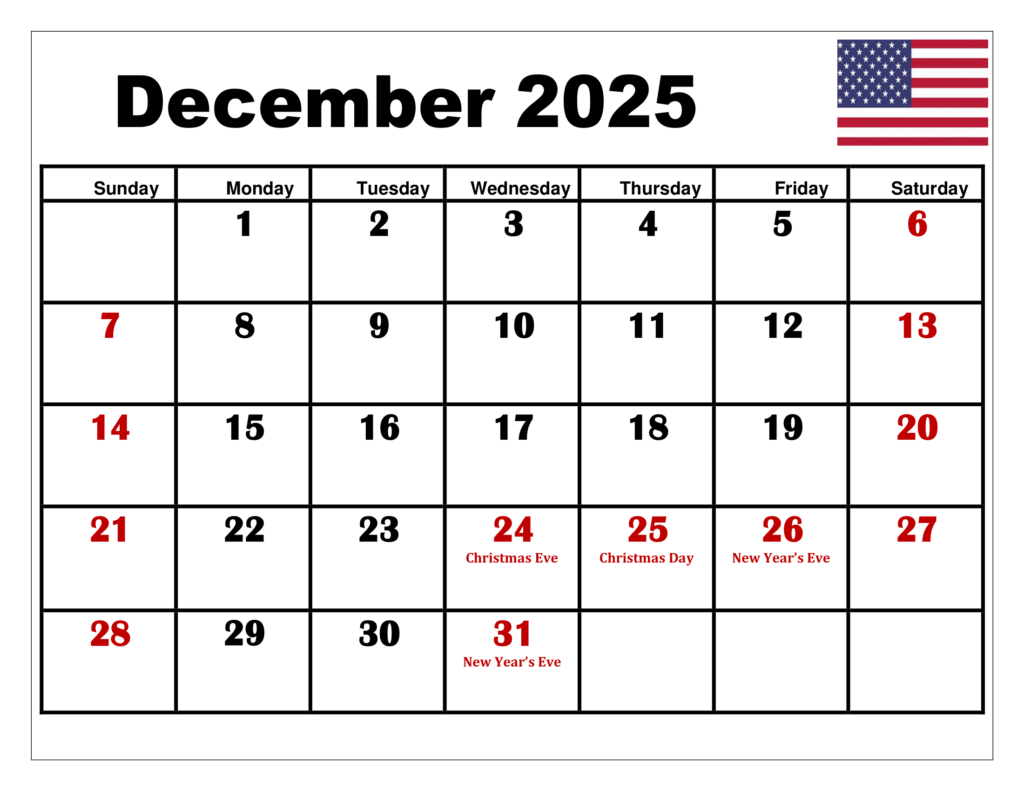 December 2025 Calendar Printable Pdf Template With Holidays for Printable December 2025 Calendar With Holidays
