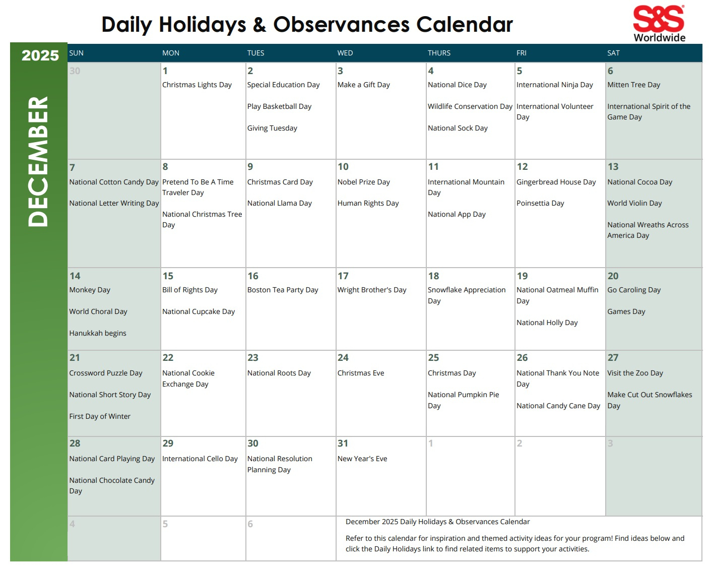 December Daily Holidays &amp;amp; Observances Printable Calendar - S&amp;amp;S Blog in December 2025 Daily Calendar Printable