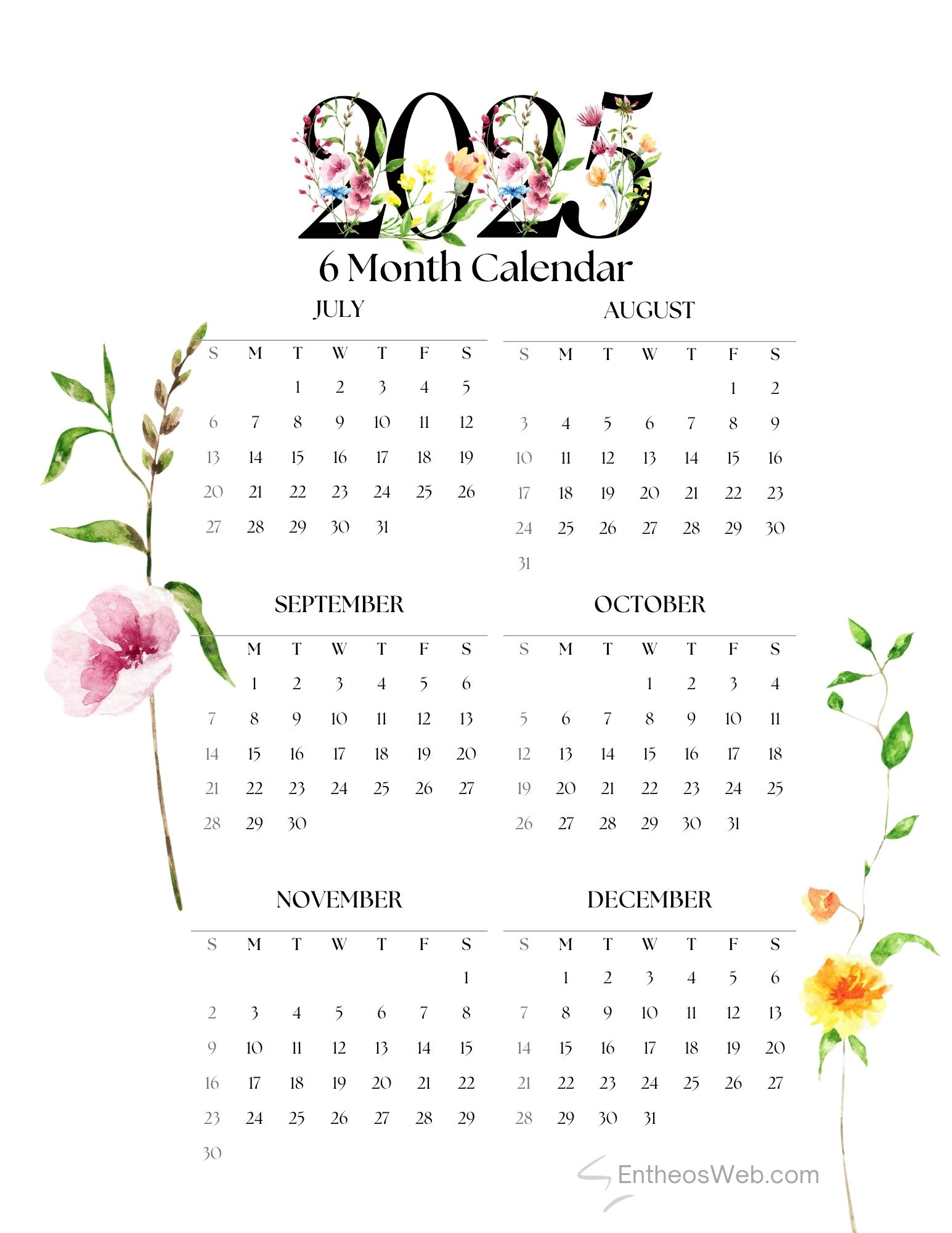 July To December 2025 – 6 Month Calendar Printable | Entheosweb within Printable Calendar July To December 2025