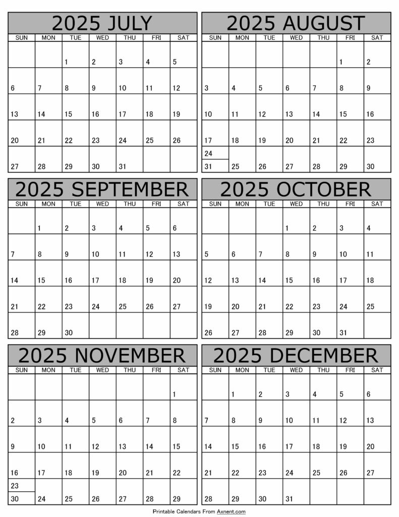 July To December 2025 Calendar Templates - Six Months inside Printable Calendar July to December 2025