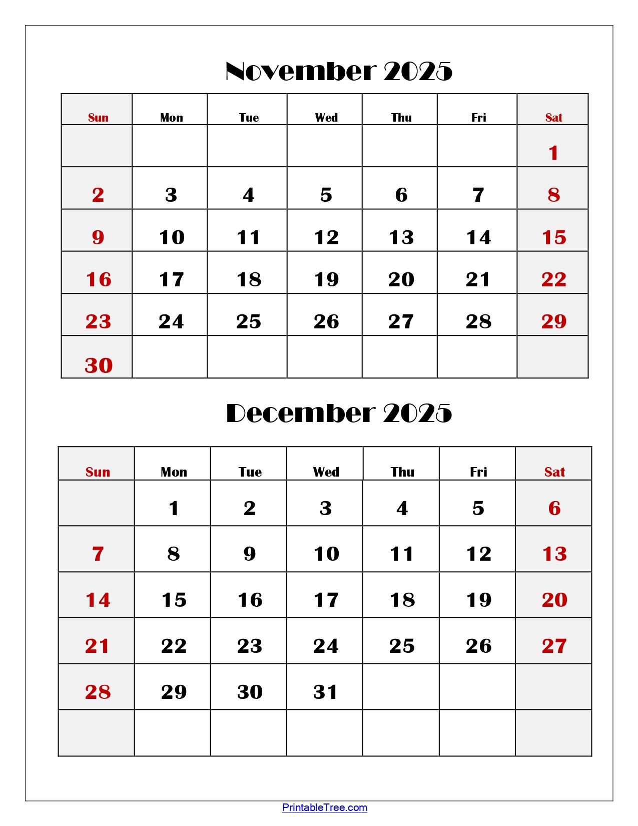 November And December 2025 Calendar Printable Pdf | Two Months within November And December 2025 Printable Calendar