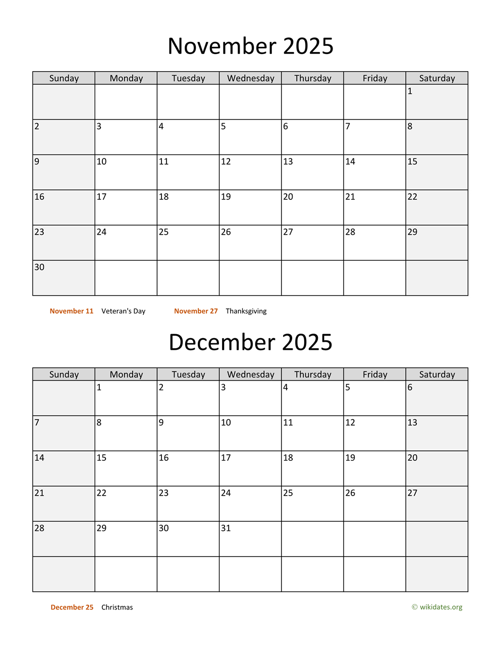 November And December 2025 Calendar | Wikidates regarding November And December 2025 Printable Calendar