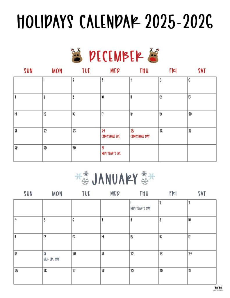 November December 2025 Calendars - 28 Printables | Printabulls for Printable December 2025 January Calendar