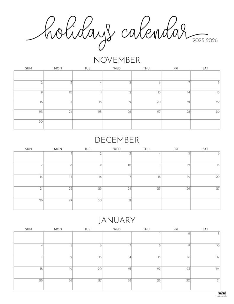November December 2025 Calendars - 28 Printables | Printabulls intended for Printable 3 Month Calendar November December 2025 January 2026