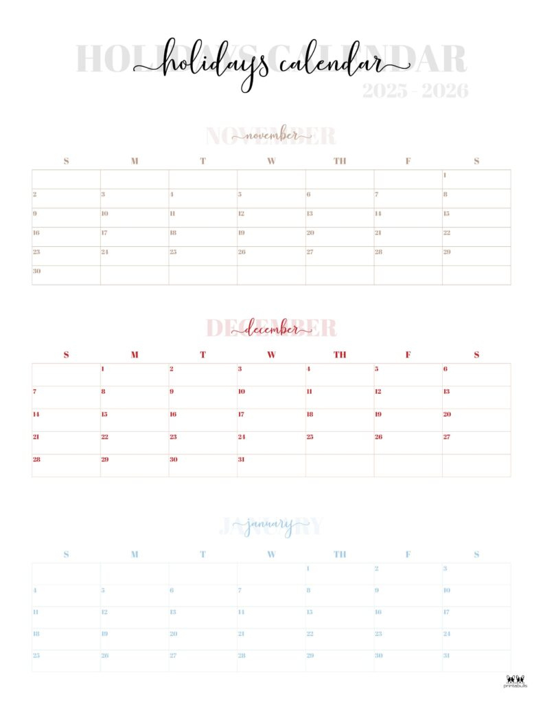November December 2025 Calendars - 28 Printables | Printabulls regarding Printable Calendar November December 2025 January 2026