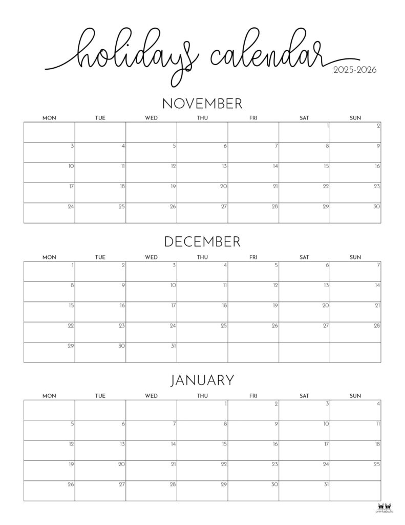 November December 2025 Calendars - 28 Printables | Printabulls with November December 2025 January 2026 Calendar Printable