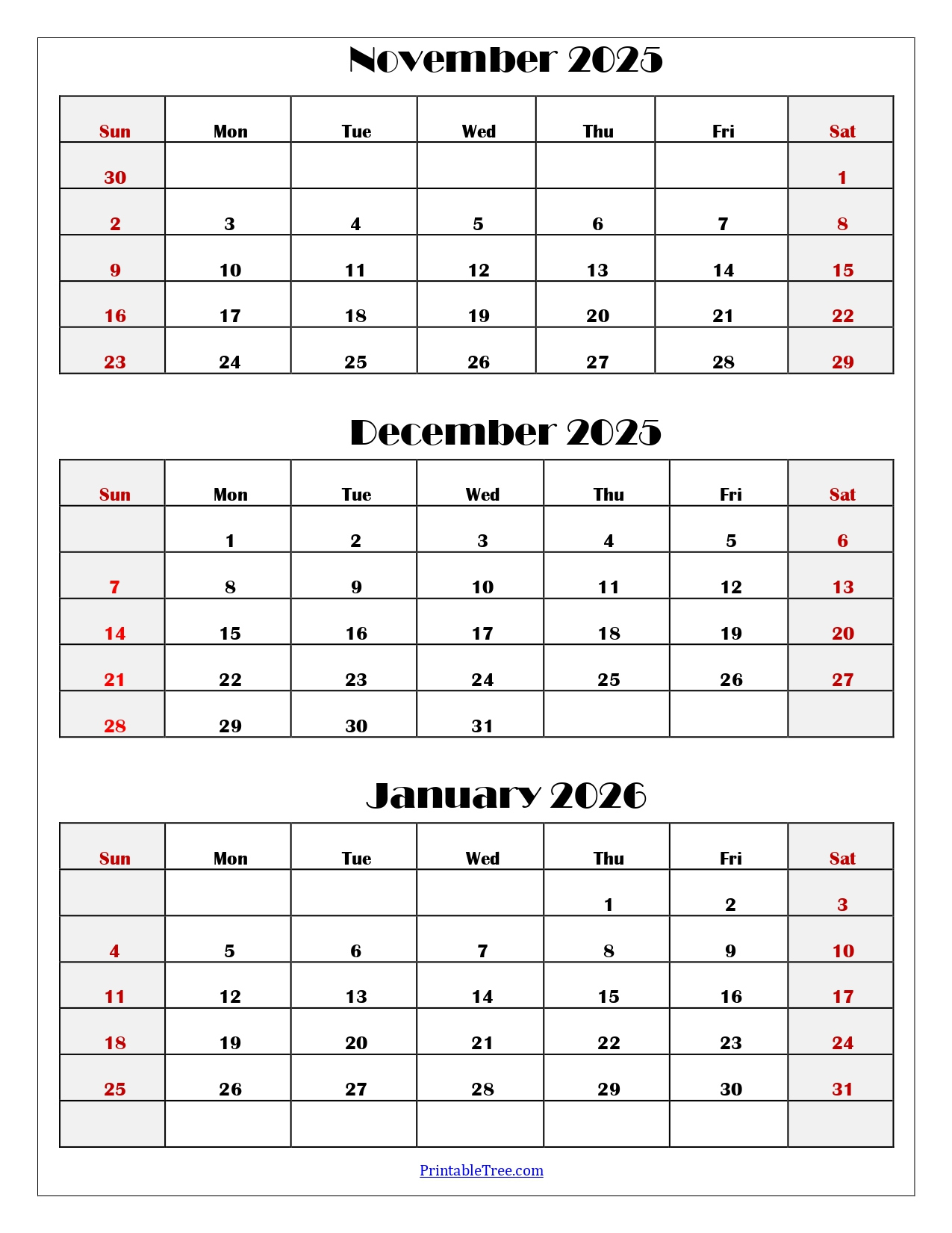 November To January 2026 Calendar Printable Pdf | Three Months inside Printable Calendar November December 2025 January 2026
