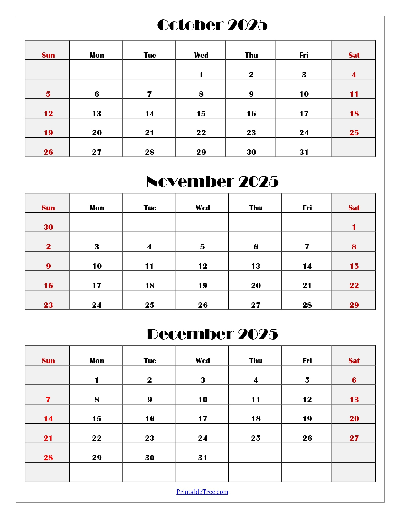 October To December 2025 Calendar Printable Pdf | Three Months regarding Calendar Printable October November December 2025
