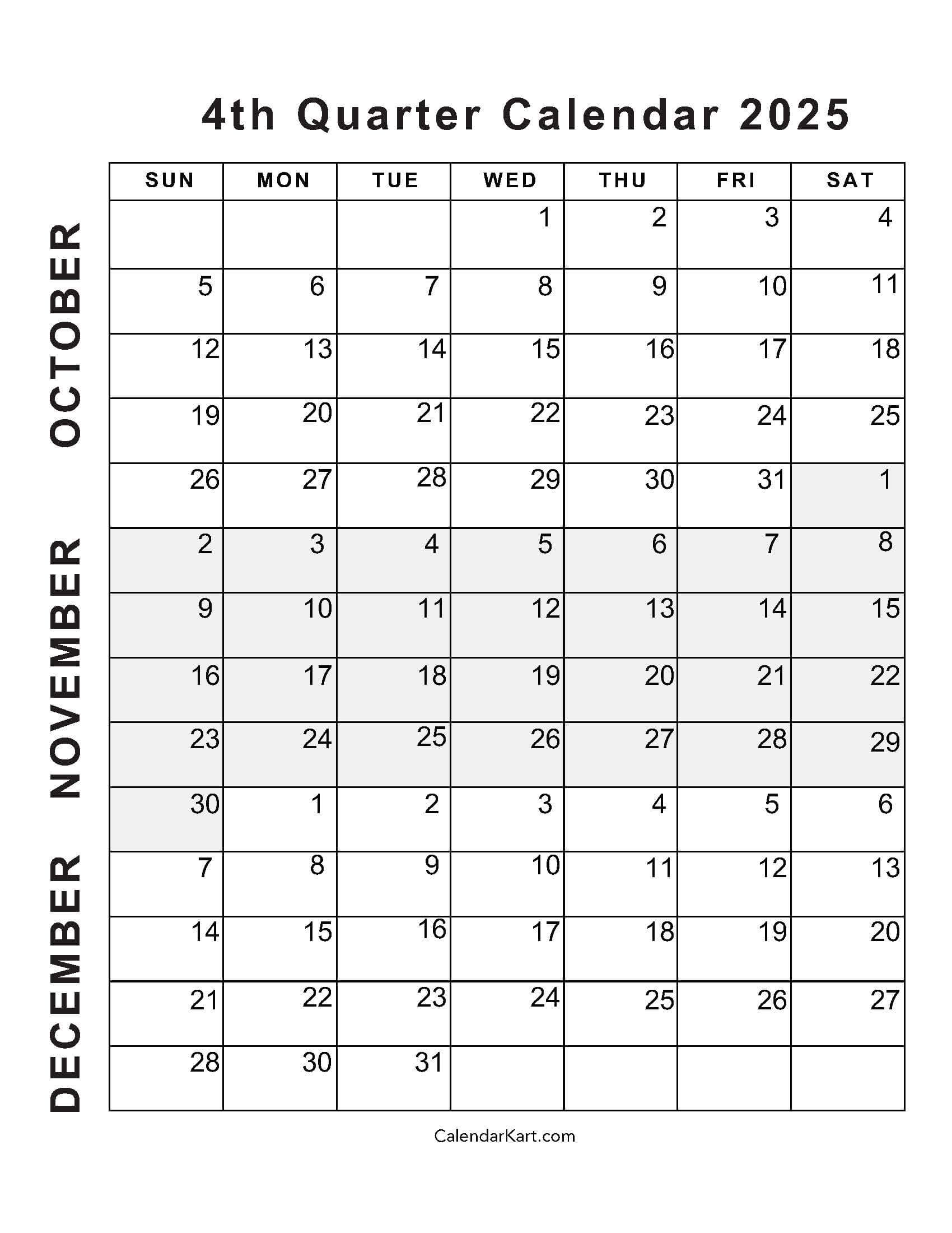 October To December 2025 Calendar (Q4) - Calendarkart in Calendar October November December 2025 Printable