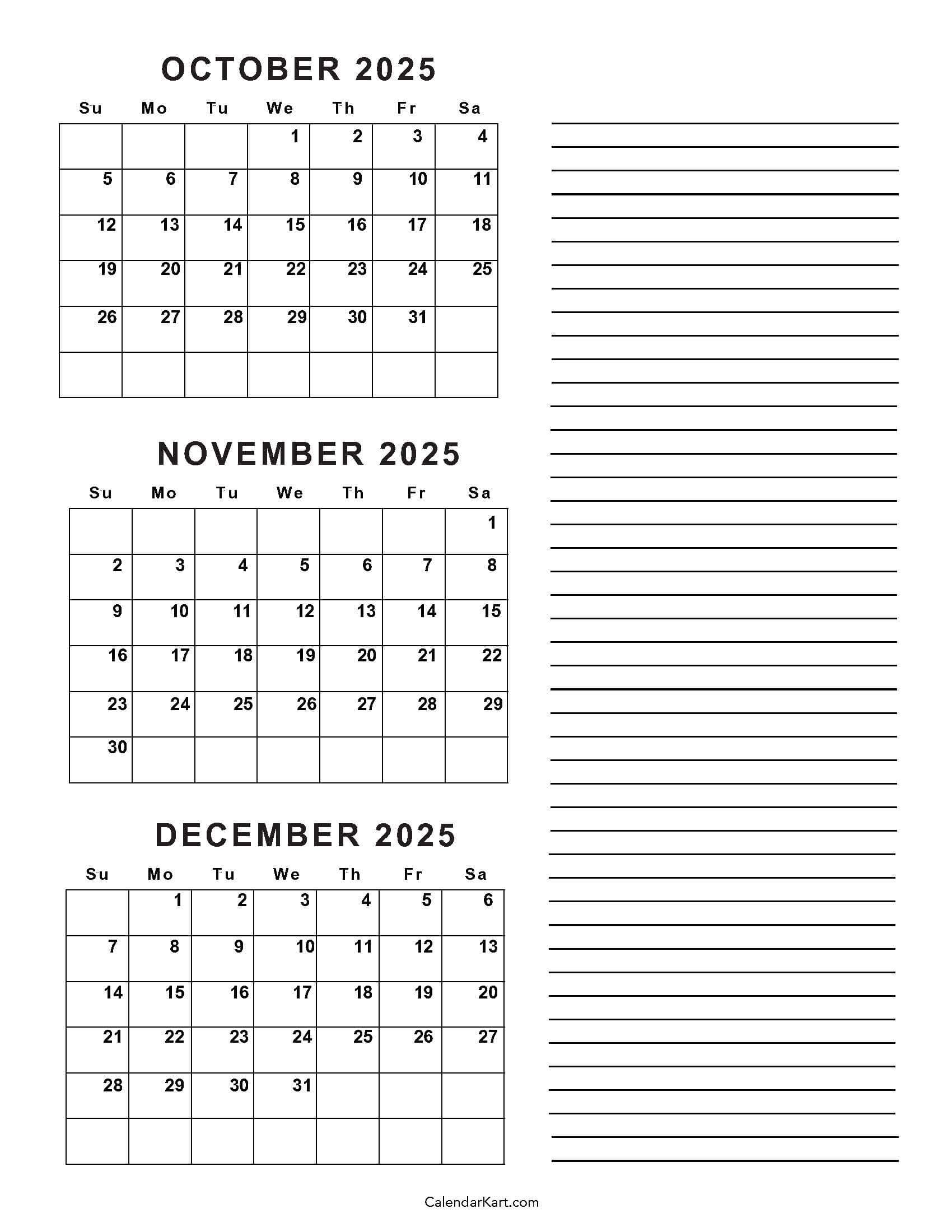 October To December 2025 Calendar (Q4) - Calendarkart regarding Printable October November December 2025 Calendar