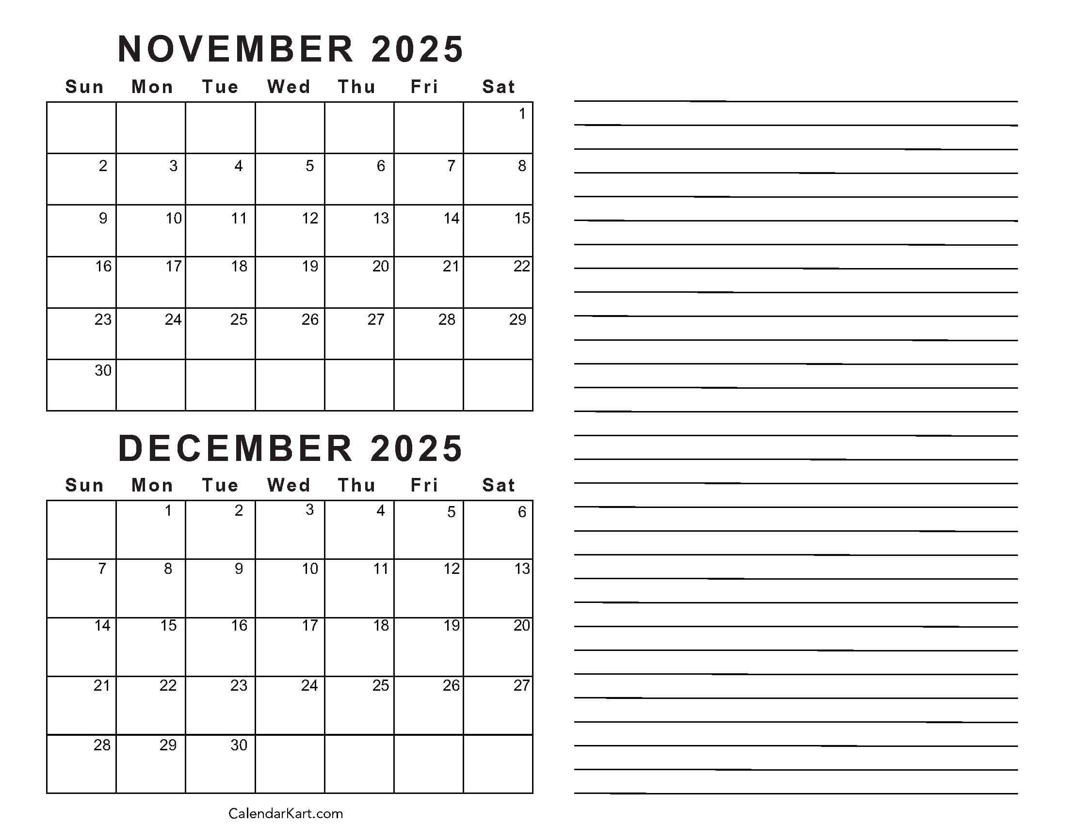 Printable November December 2025 Calendars | Calendarkart inside November December 2025 Calendar Printable Free