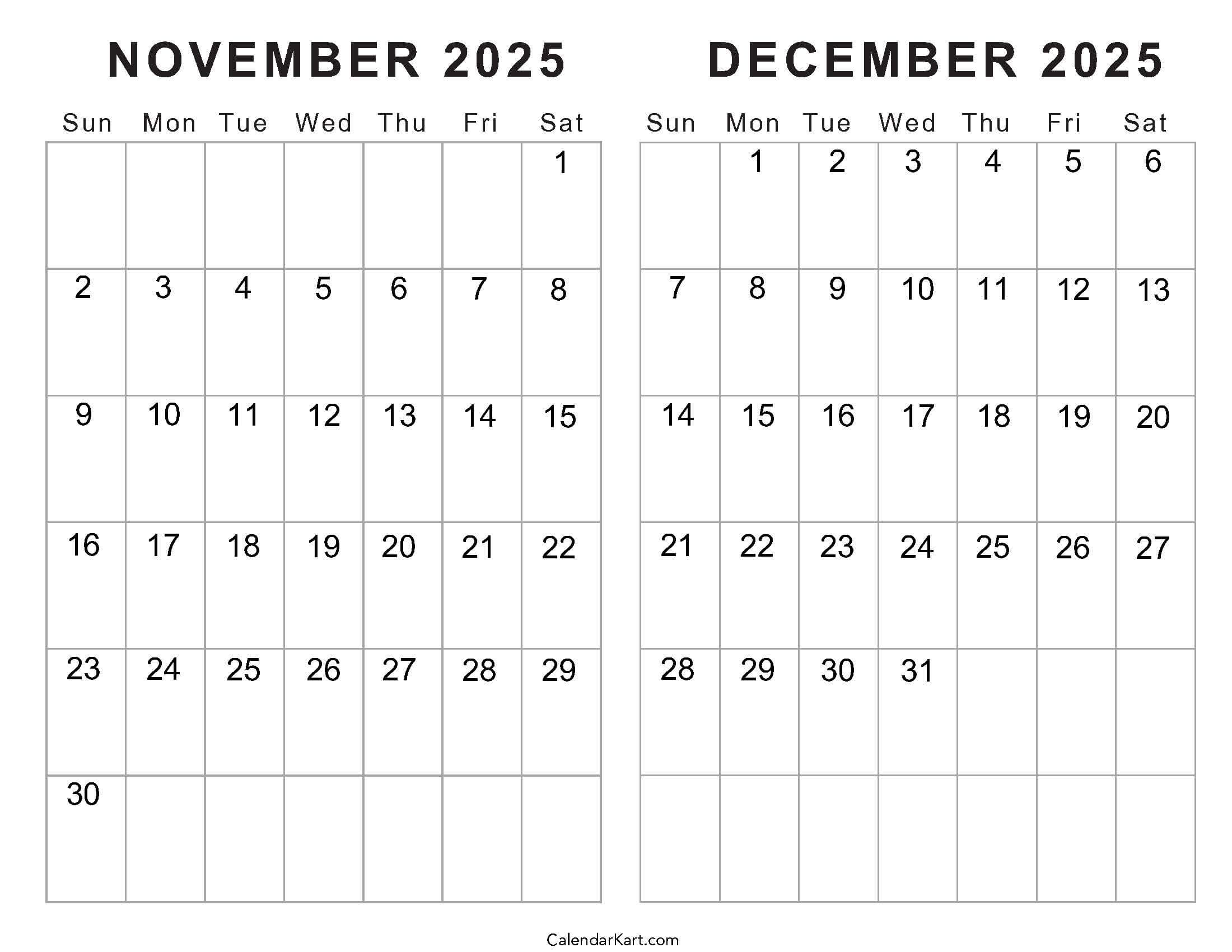 Printable November December 2025 Calendars | Calendarkart throughout Printable Calendar For November And December 2025