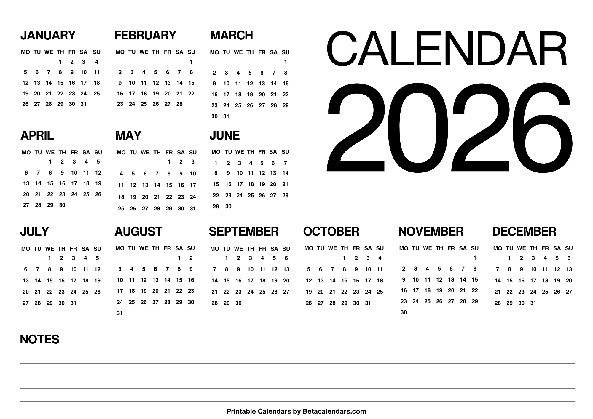 2026 Calendar - Beta Calendars throughout November 2026 to March 2026 Calendar