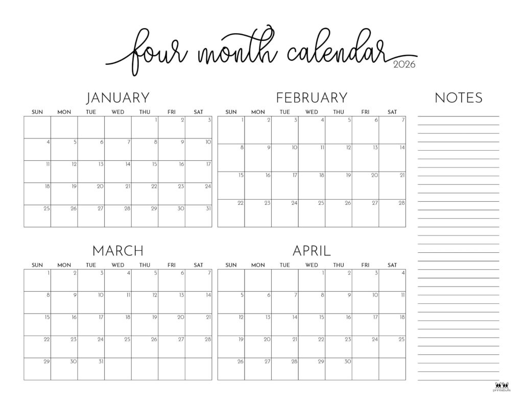 2026 Four Month Calendars - 31 Free Printables | Printabulls with regard to February March April 2026 Calendar Printable
