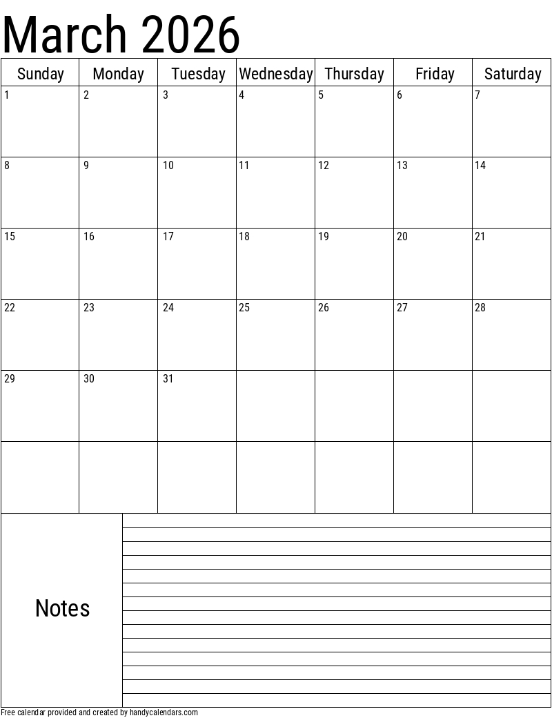 2026 March Calendars - Handy Calendars inside March 2026 Calendar Printable with Notes