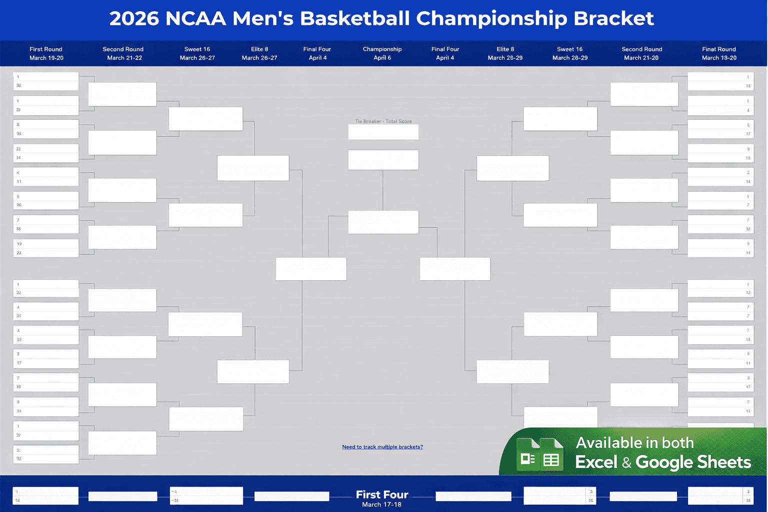 2026 March Madness Bracket (Printable Excel &amp;amp; Google Sheets) regarding March Madness 2026 Calendar Printable