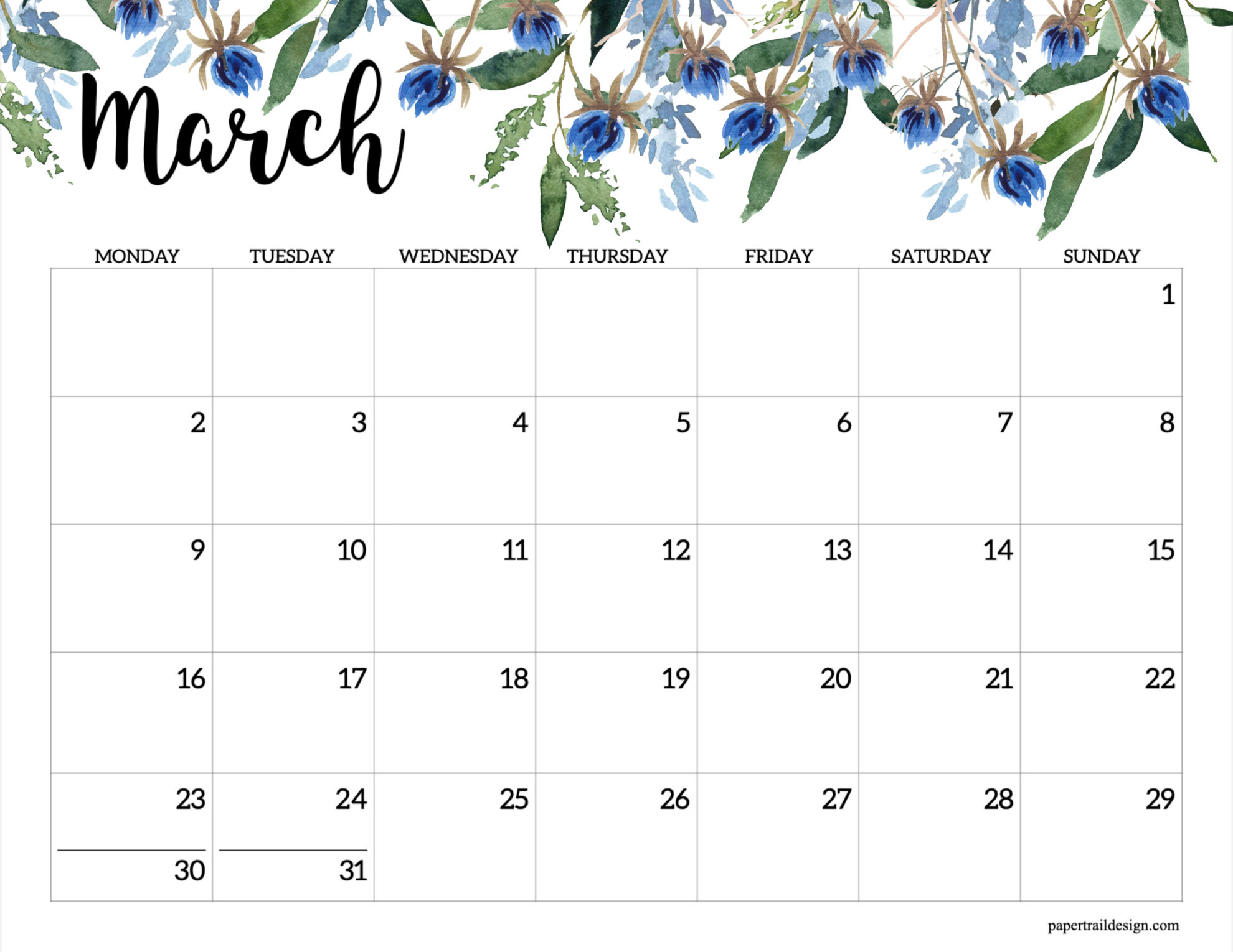 2026 Monday Start Floral Calendar - Paper Trail Design regarding Printable Calendar March 2026 Starting Monday