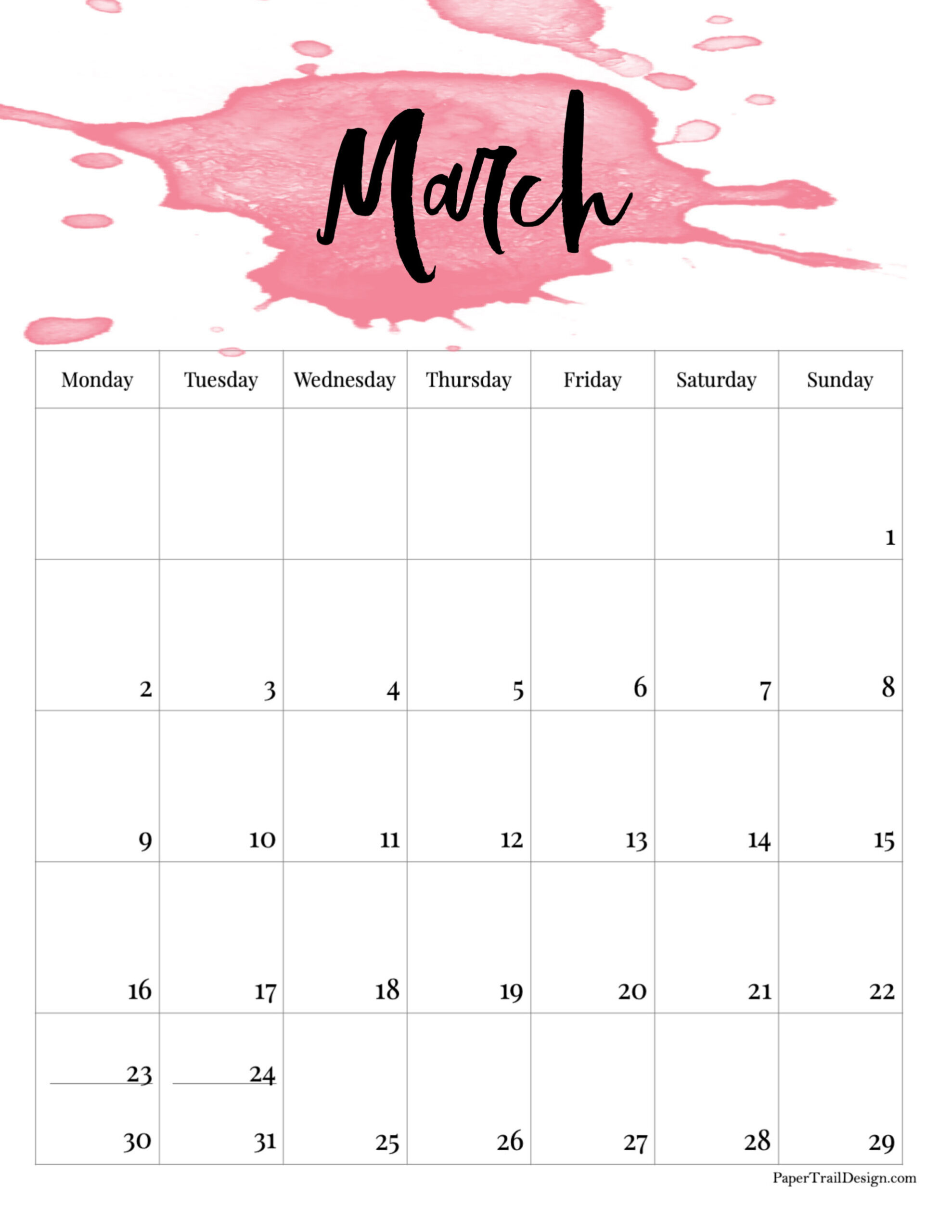 2026 Monday Start Watercolor Calendar - Paper Trail Design throughout March Calendar 2026 Starting Monday