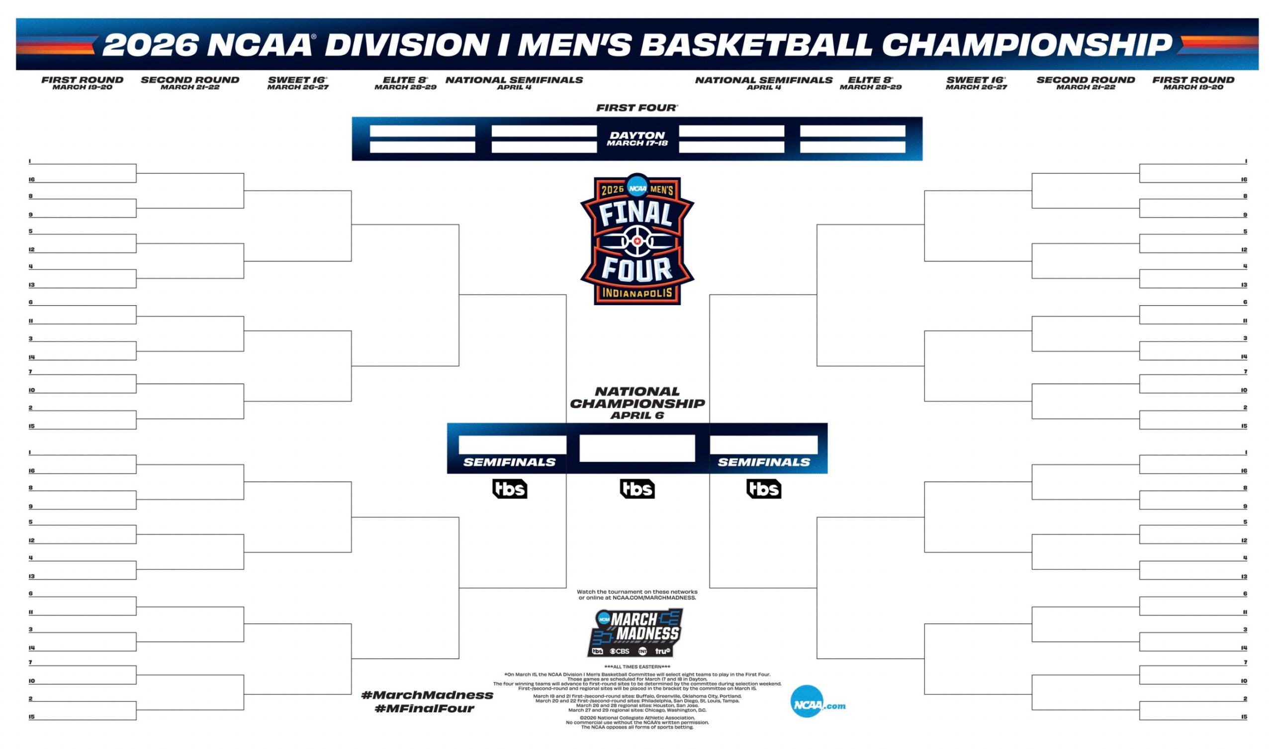 2026 Ncaa Tournament Printable Bracket, Schedule For March Madness for March Madness 2026 Calendar Printable