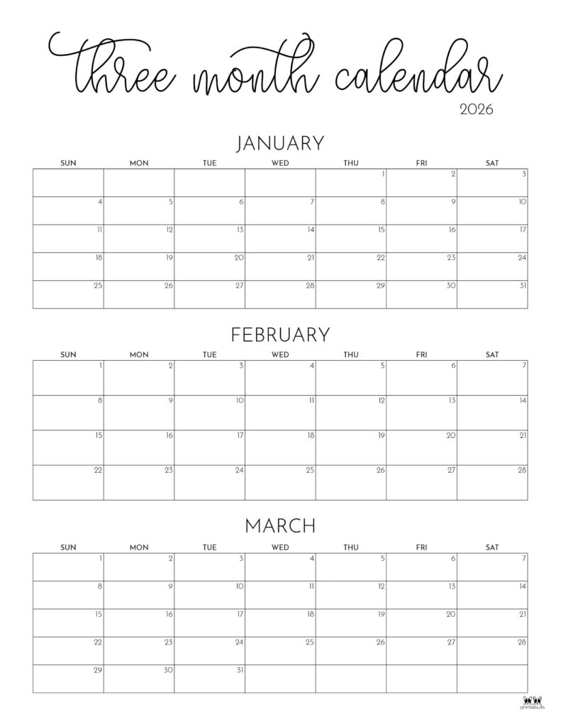 2026 Three Month/Quarterly Calendars - 36 Free Cals | Printabulls in January To March 2026 Calendar Printable