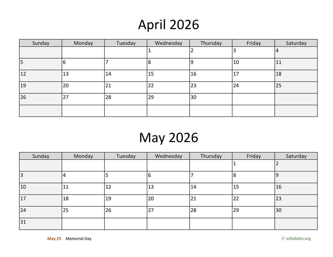 April And May 2026 Calendar | Wikidates for Calendar March April May 2026 Printable