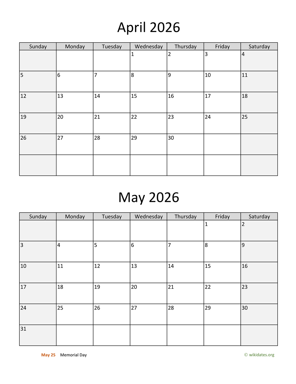 April And May 2026 Calendar | Wikidates with regard to Printable March April May 2026 Calendar