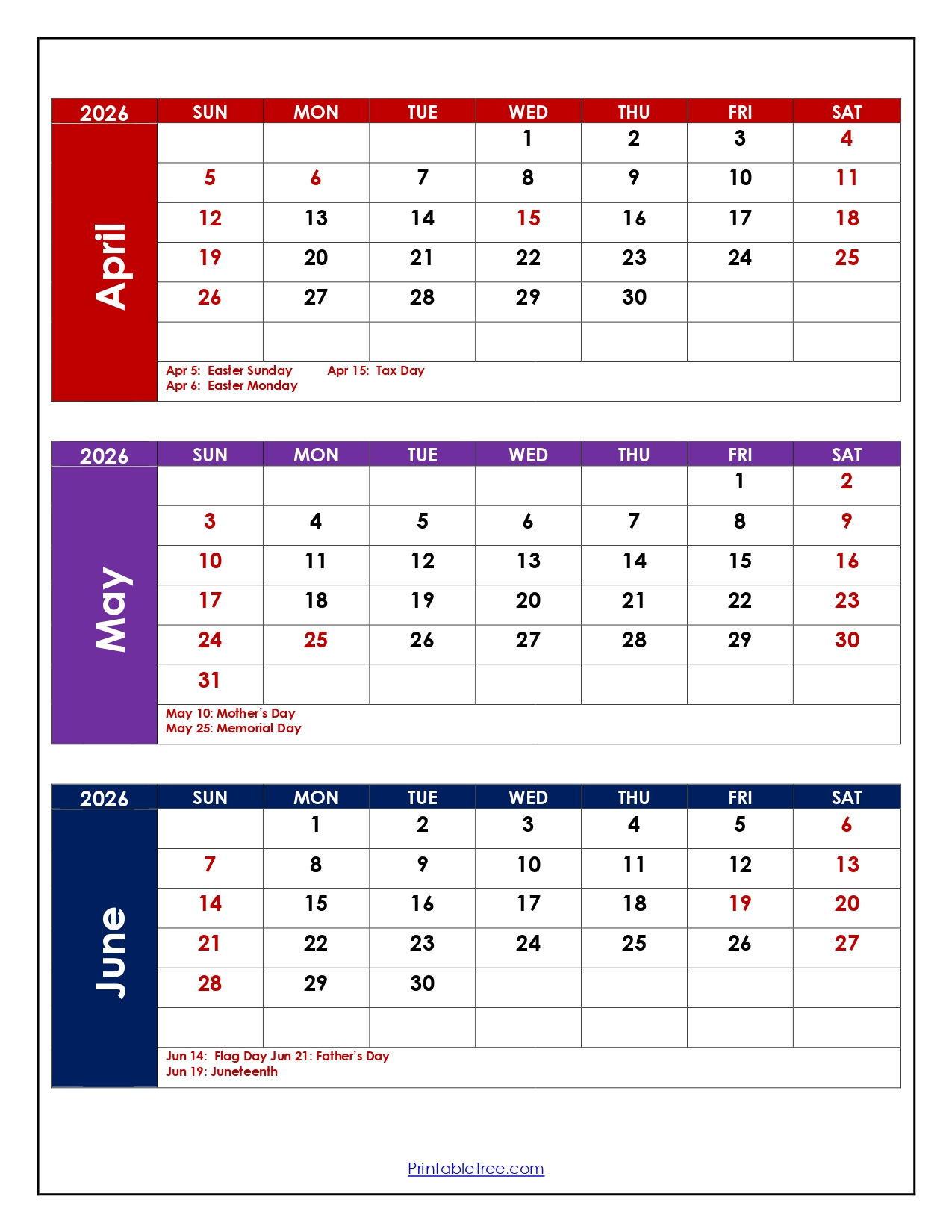 April To June 2026 Calendar | Three Month Calendar for March April May June 2026 Calendar
