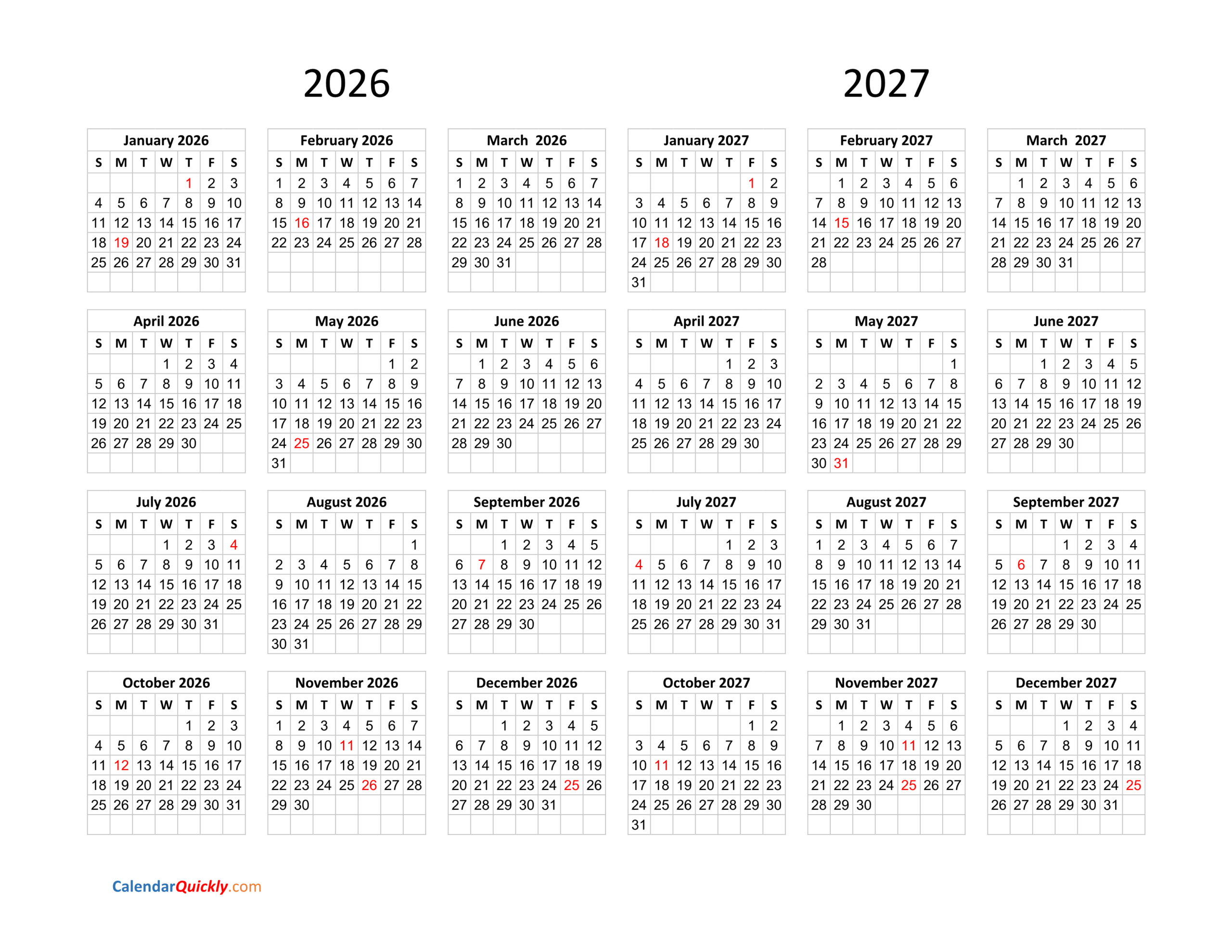 Calendar 2026 And 2027 On One Page | Calendar Quickly intended for March 2026 To February 2027 Calendar