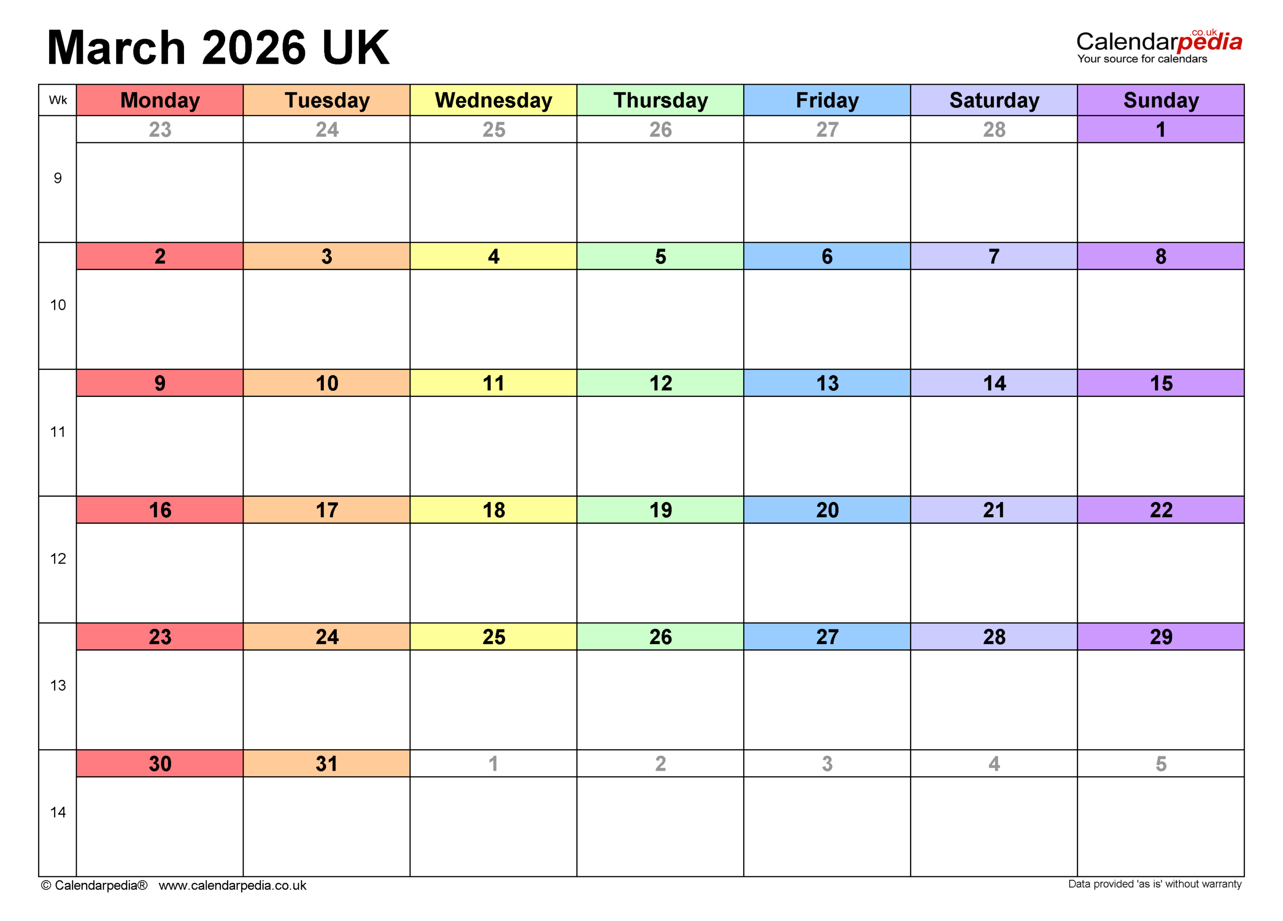 Calendar March 2026 Uk With Pdf, Excel And Word Templates in March Calendar 2026 Uk