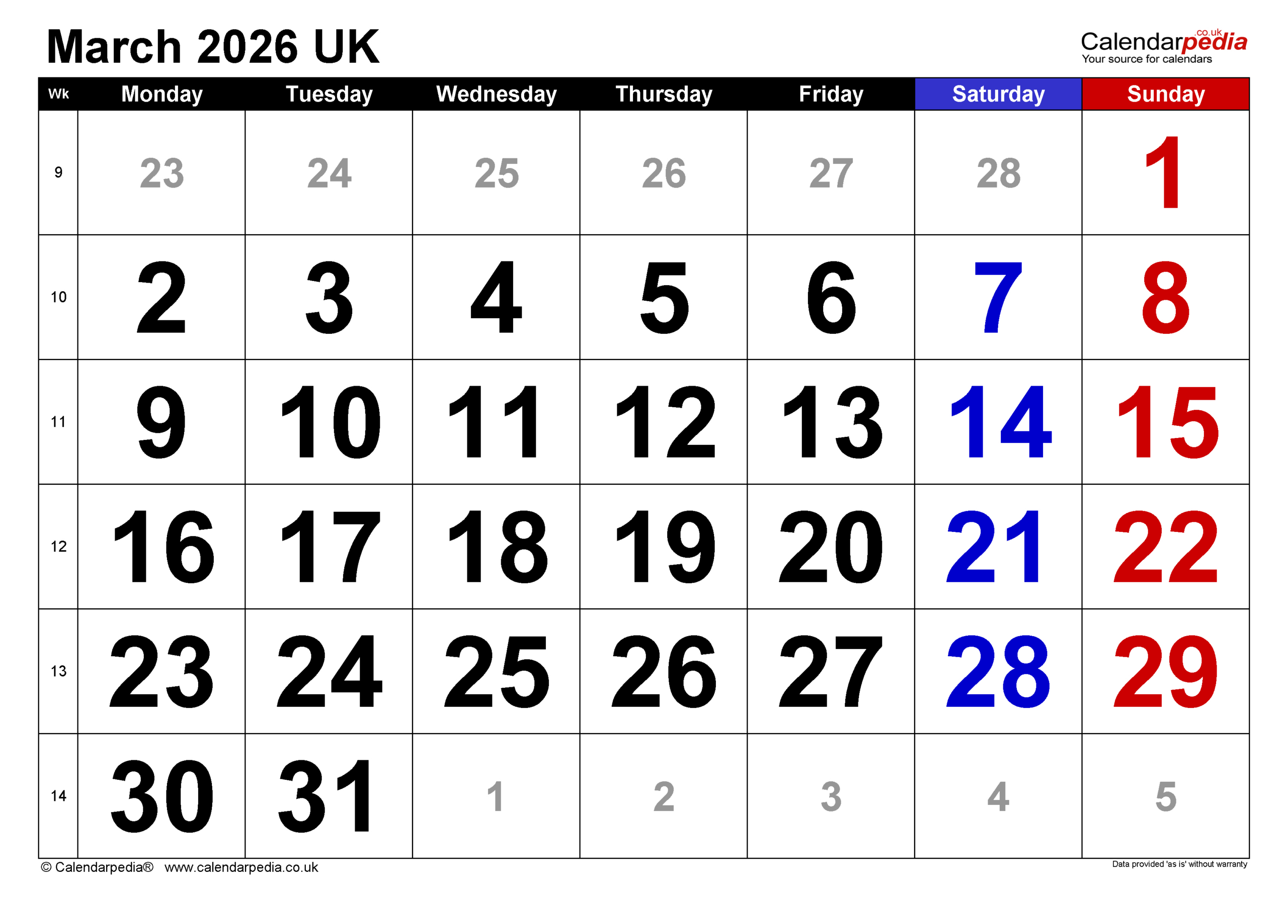 Calendar March 2026 Uk With Pdf, Excel And Word Templates pertaining to Google Calendar March 2026 Printable