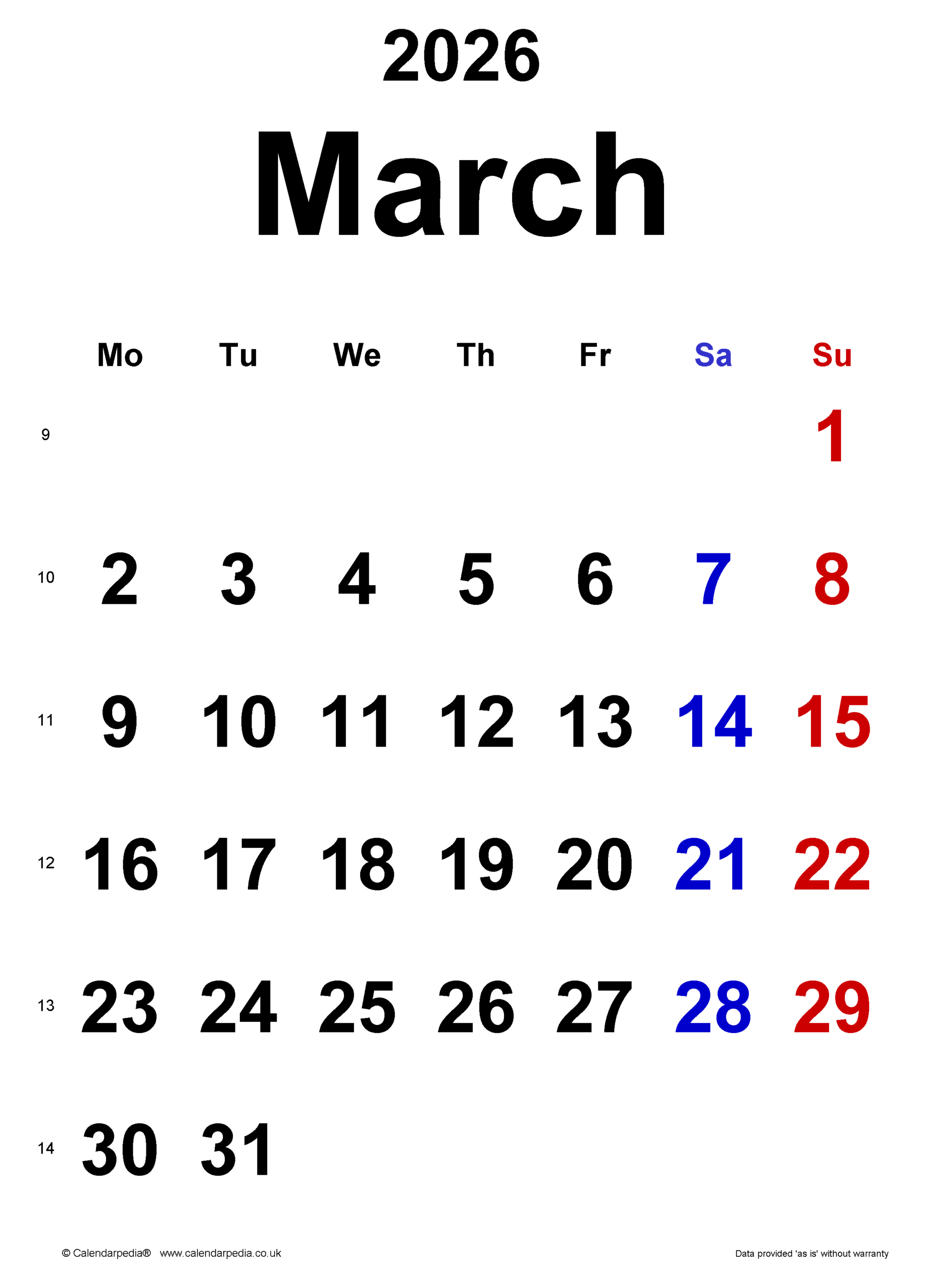Calendar March 2026 Uk With Pdf, Excel And Word Templates pertaining to March Calendar 2026 Portrait