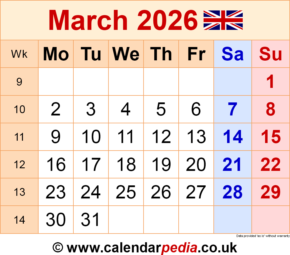 Calendar March 2026 Uk With Pdf, Excel And Word Templates pertaining to March Calendar 2026 Uk