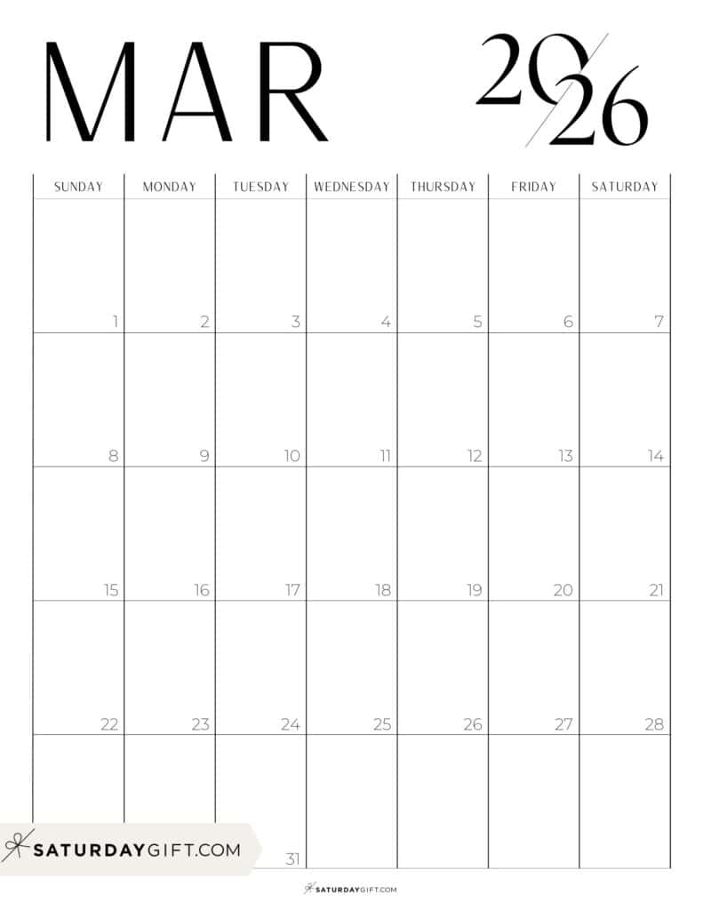 Chic Calendar 2026 - Stylish Black And White Pdfs regarding March Calendar 2026 Portrait