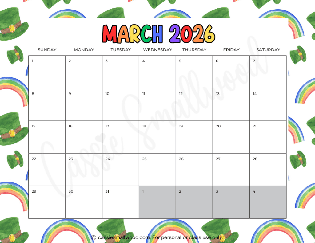 Cute Free Printable 2026 Monthly Calendar (Blank &amp;amp; With Holidays pertaining to Free March 2026 Calendar Printable