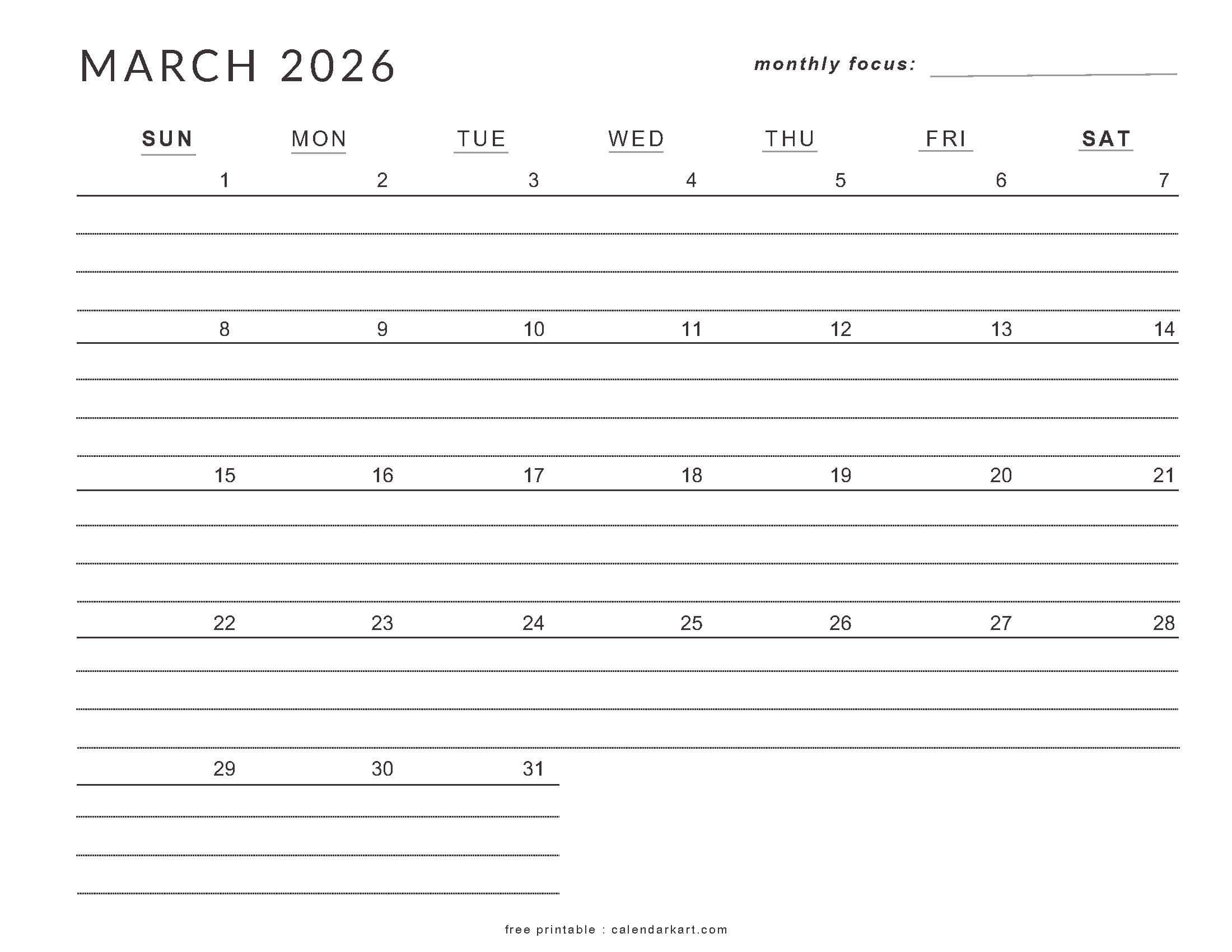 Download Free Printable March 2026 Calendar | Calendarkart inside March Calendar 2026 with Lines