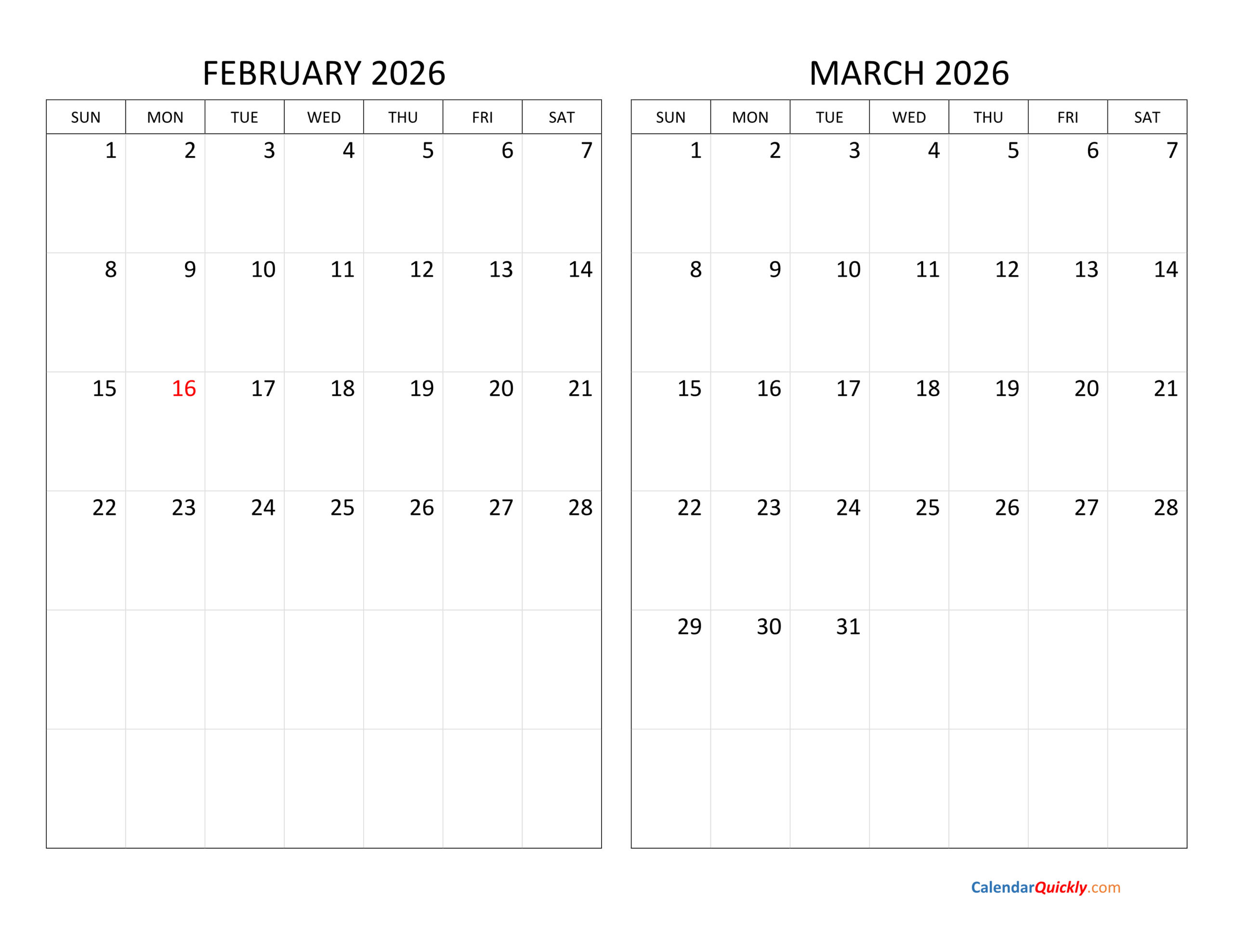 February And March 2026 Calendar | Calendar Quickly throughout February and March 2026 Calendar Printable