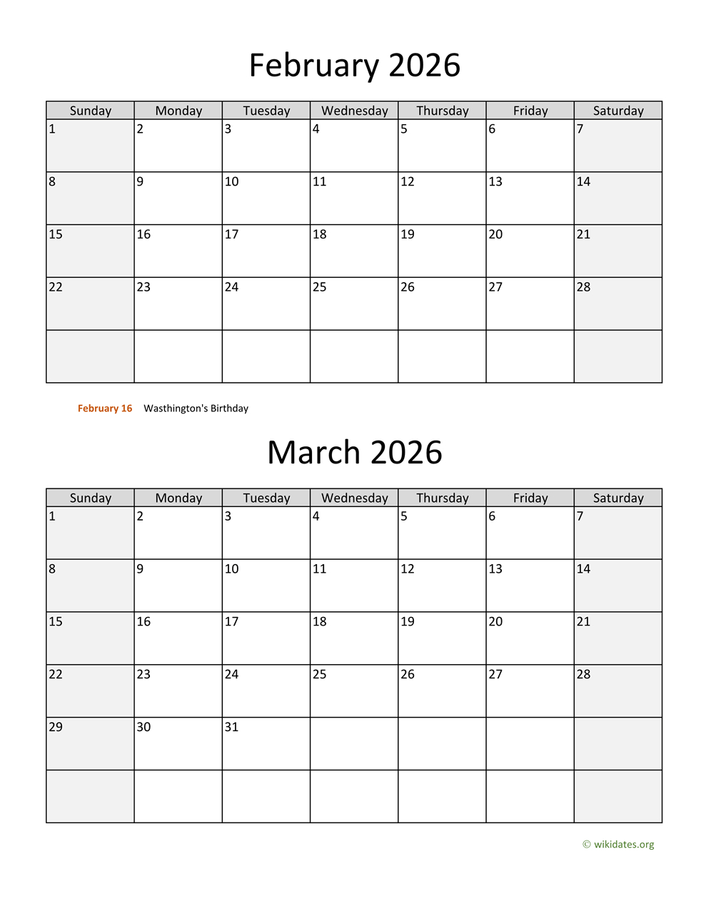 February And March 2026 Calendar | Wikidates regarding Printable Calendar January February March 2026