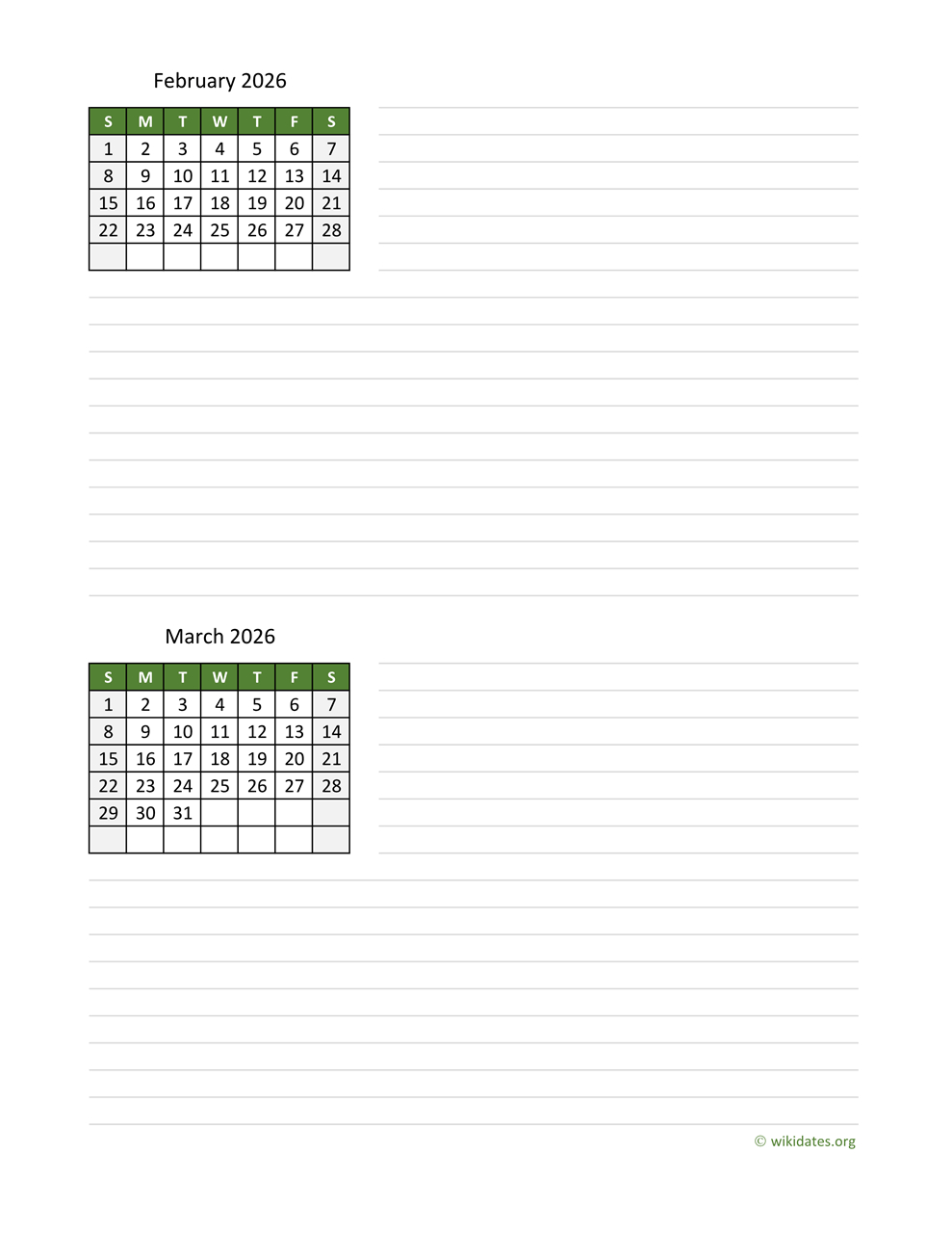 February And March 2026 Calendar | Wikidates throughout February And March Printable Calendar 2026
