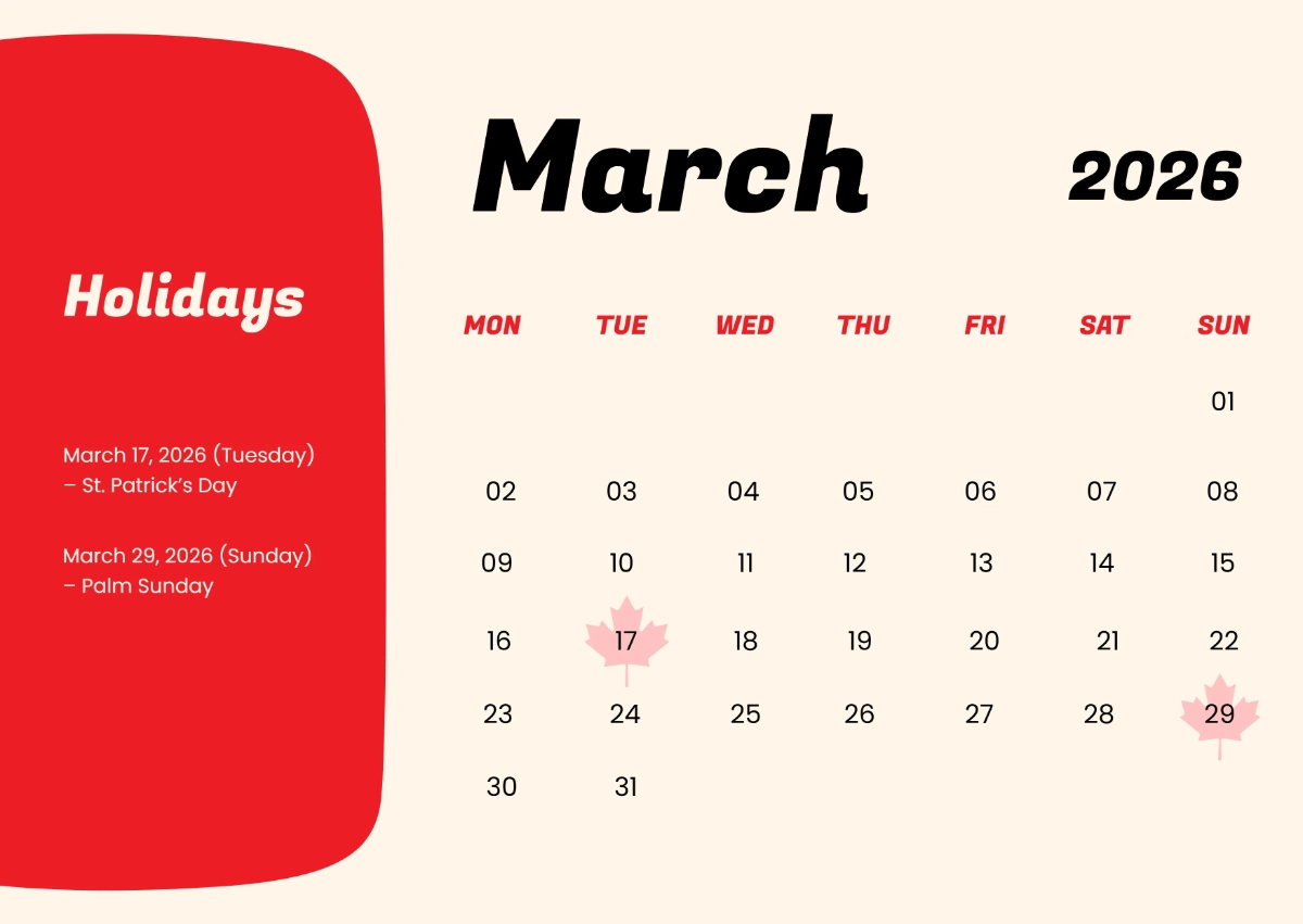 Free March 2026 Canada Holidays Calendar Template To Edit Online intended for March Calendar 2026 Canada