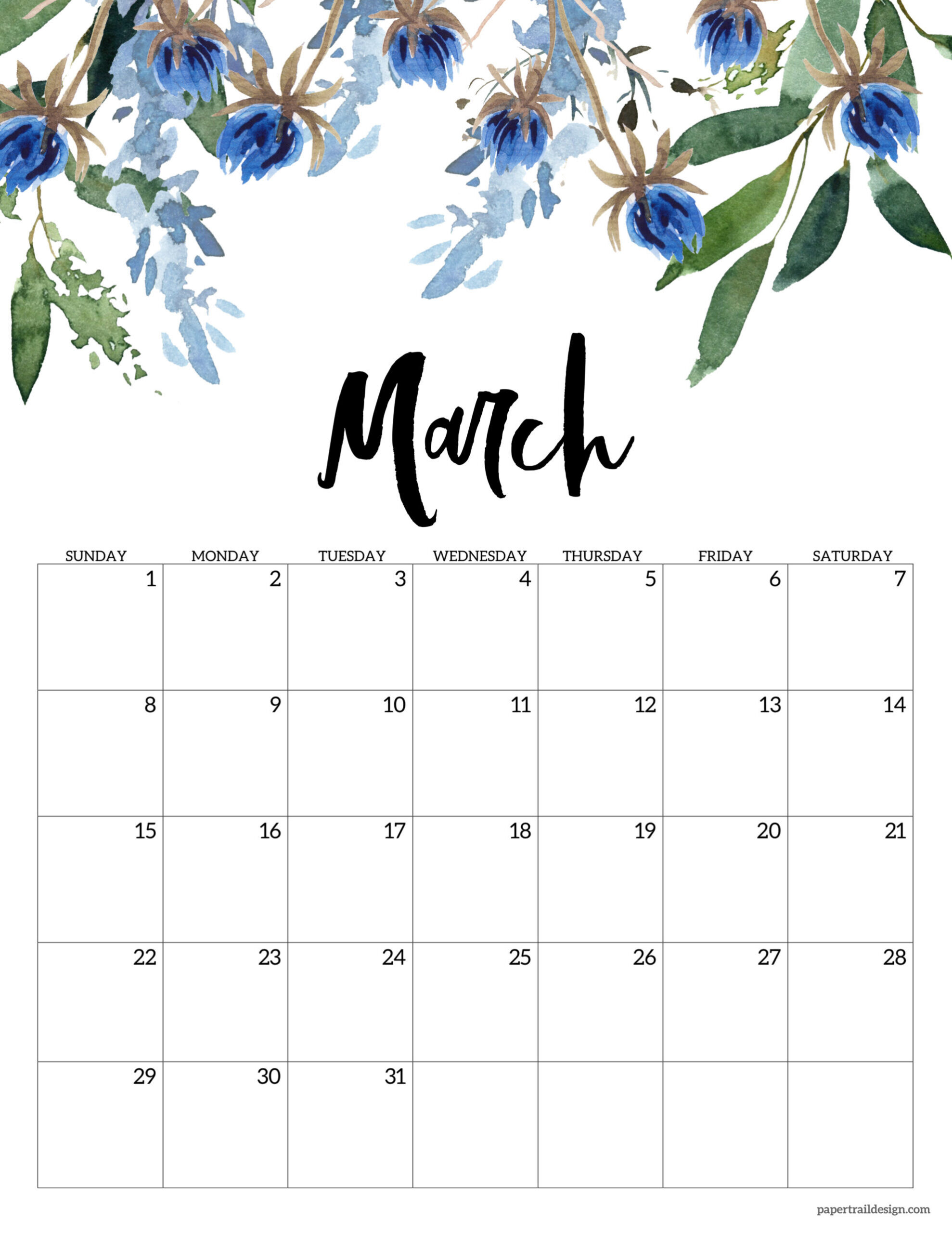 Free Printable Floral Calendar 2026 - Paper Trail Design in Cute March Calendar Printable 2026