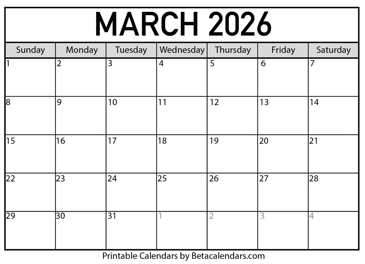 Free Printable March 2026 Calendar with Attendance Of March 2026